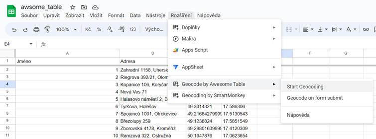 geokódování s nástrojem Geocode by Awsome Table v Google tabulkách